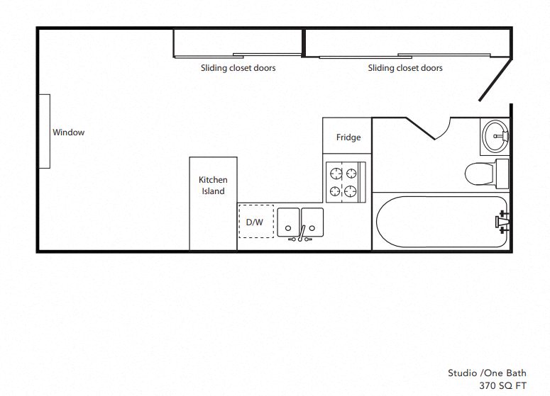 Floor plan for studio, 1 bath, 370 sqft